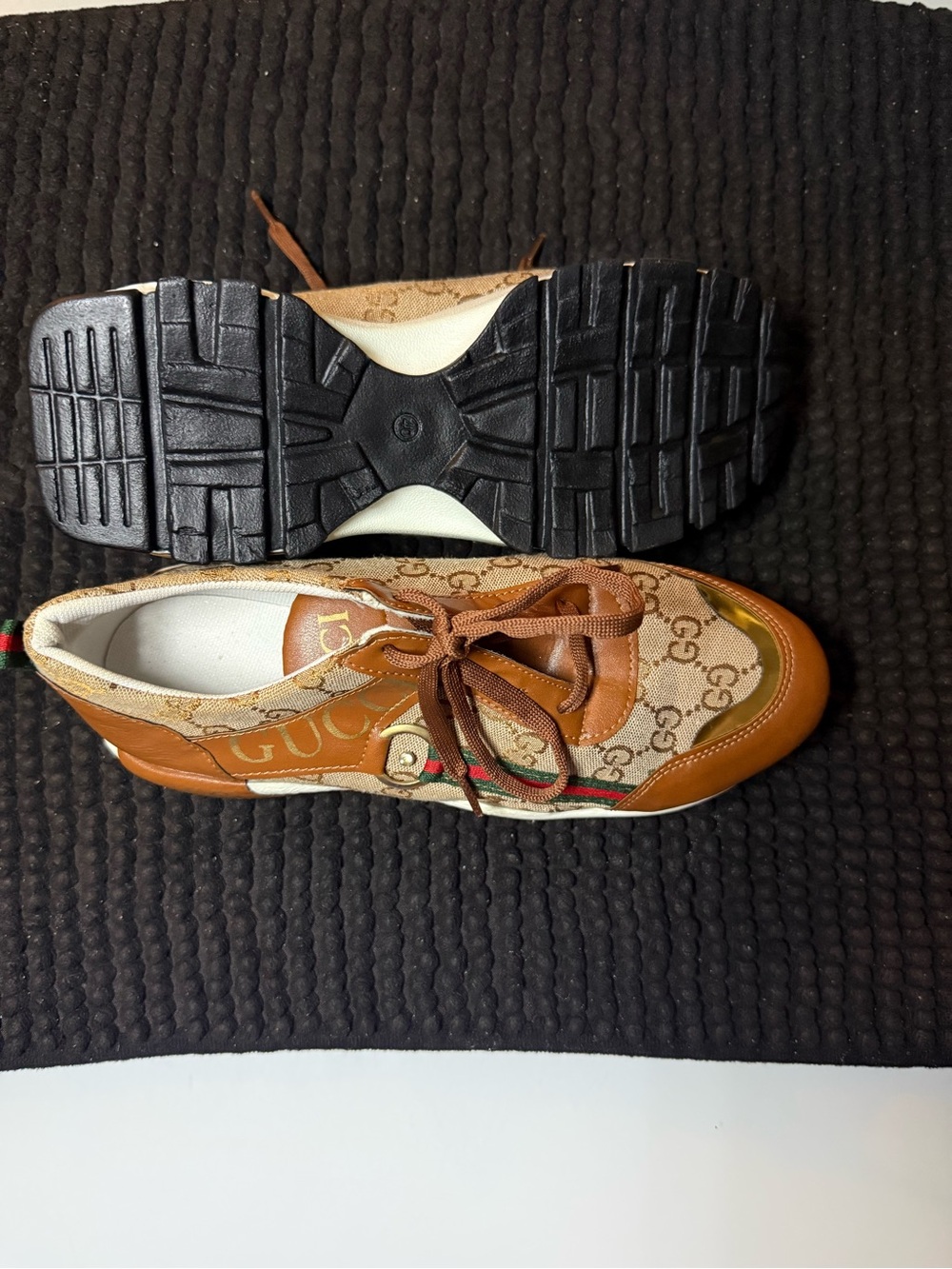Gucci Brown & Beige GG Canvas Kids Lace-Up Sneakers with Red-Green Web - Picture 2 of 4